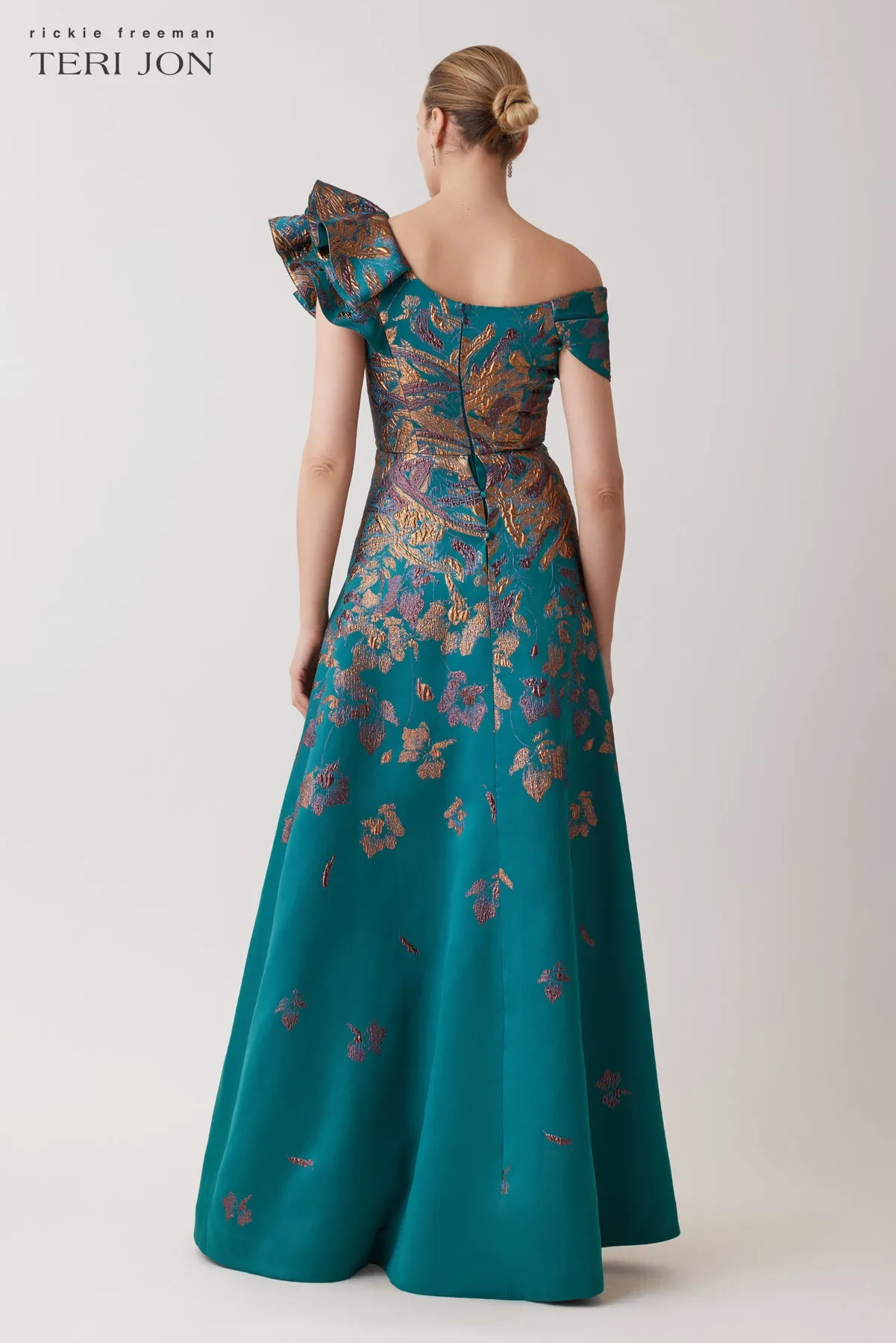 Metallic Jacquard Asymmetrical Ruffle Shoulder Gown sold by Teri Jon product image thumbnail 4