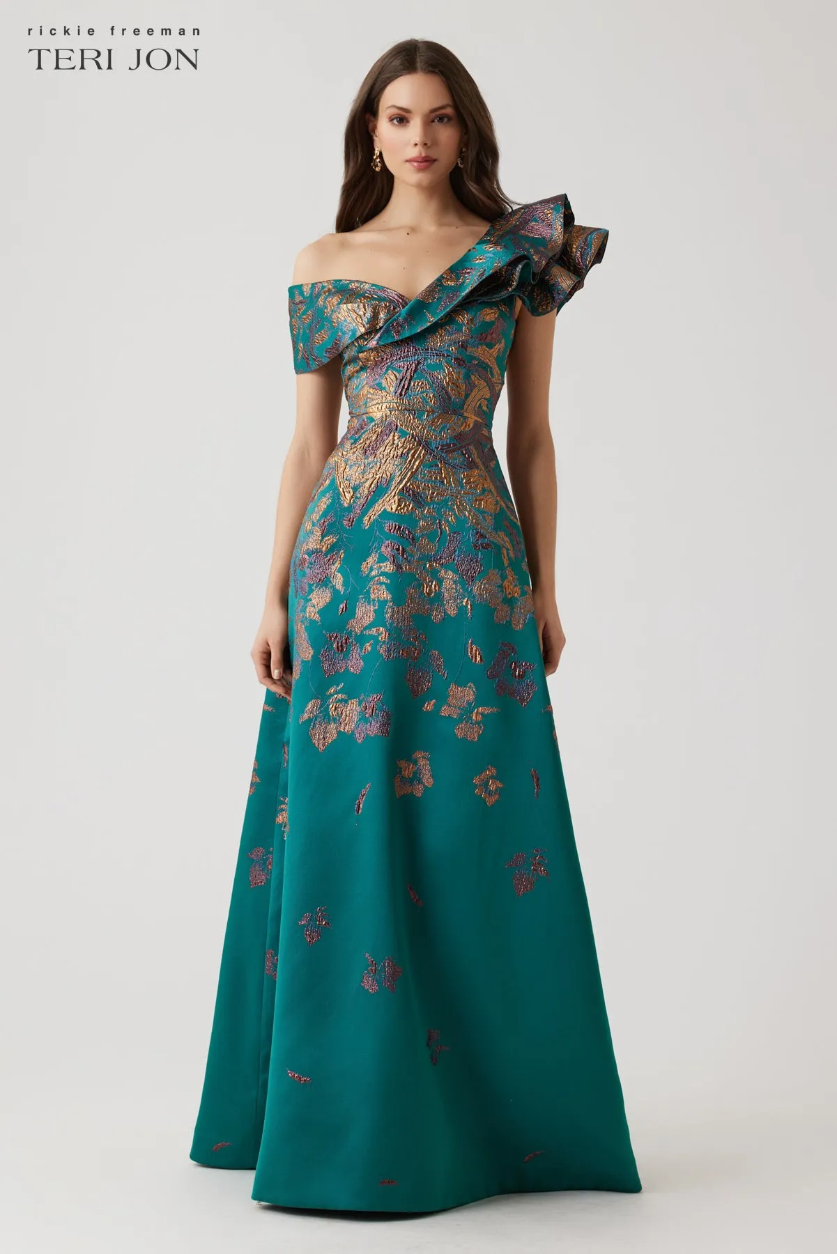 Metallic Jacquard Asymmetrical Ruffle Shoulder Gown sold by Teri Jon