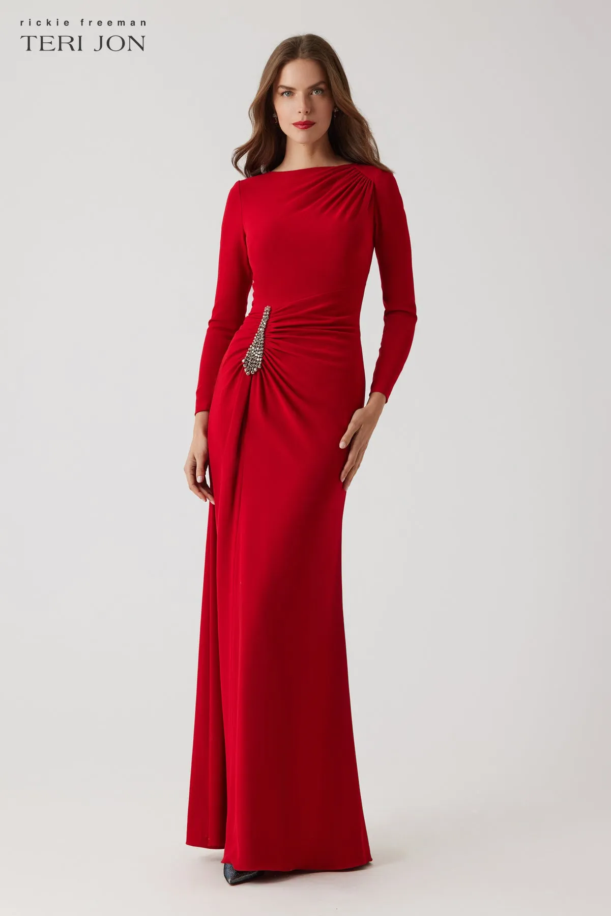 Crepe Ruched Jewel Applique Gown sold by Teri Jon