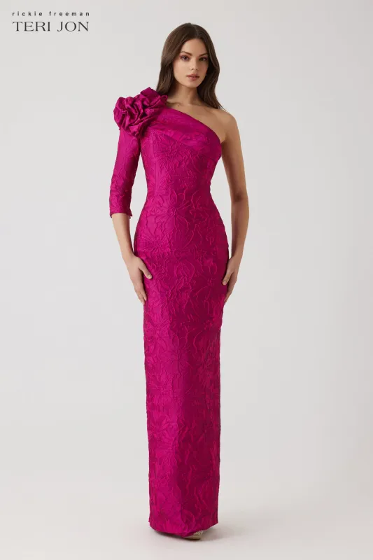 Floral Textured Jacquard One Shoulder Gown sold by Teri Jon