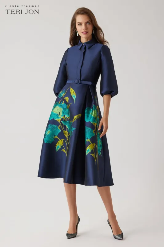 Jacquard Floral Puff Sleeve Belted Shirt Dress sold by Teri Jon