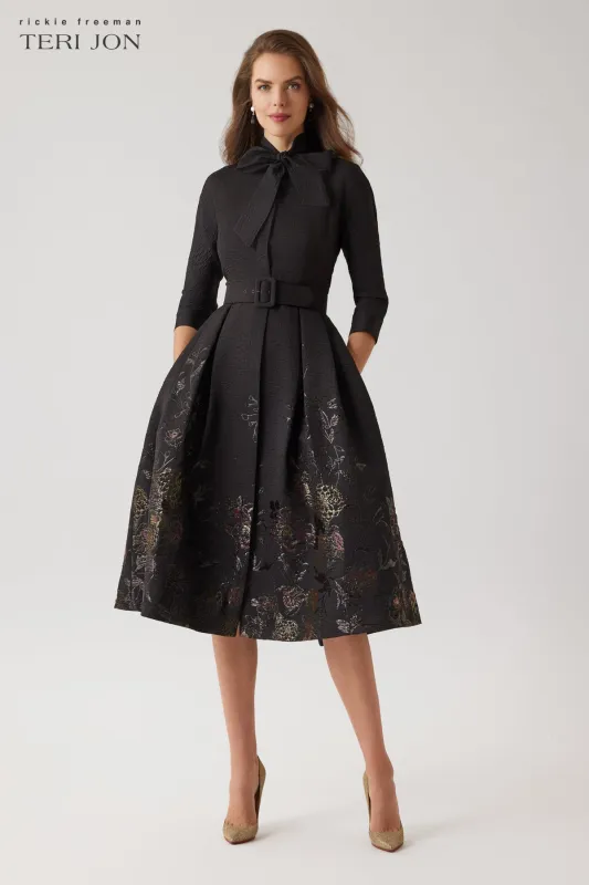 Textured Metallic Jacquard Floral Bow Neck Dress sold by Teri Jon