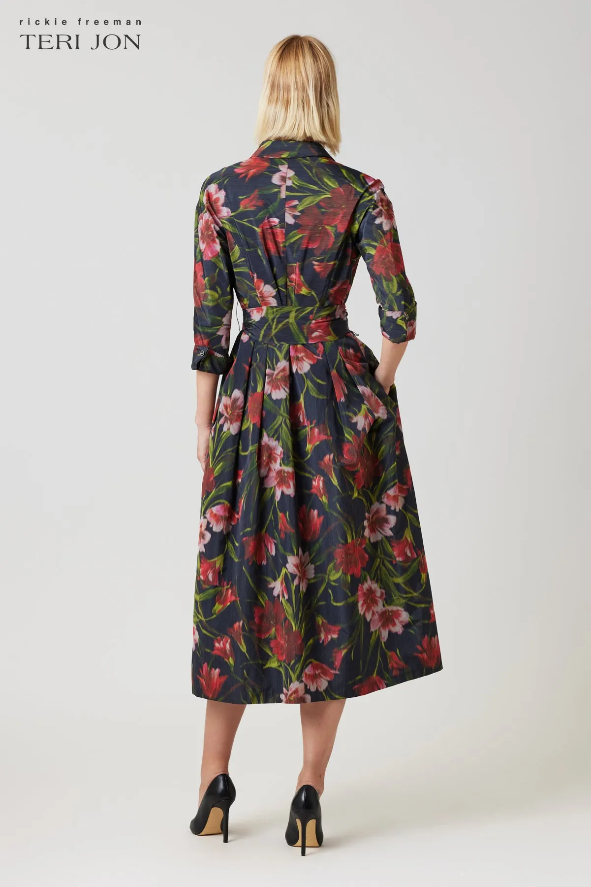 Taffeta Faille Hazy Floral Print Shirt Dress sold by Teri Jon product image thumbnail 4