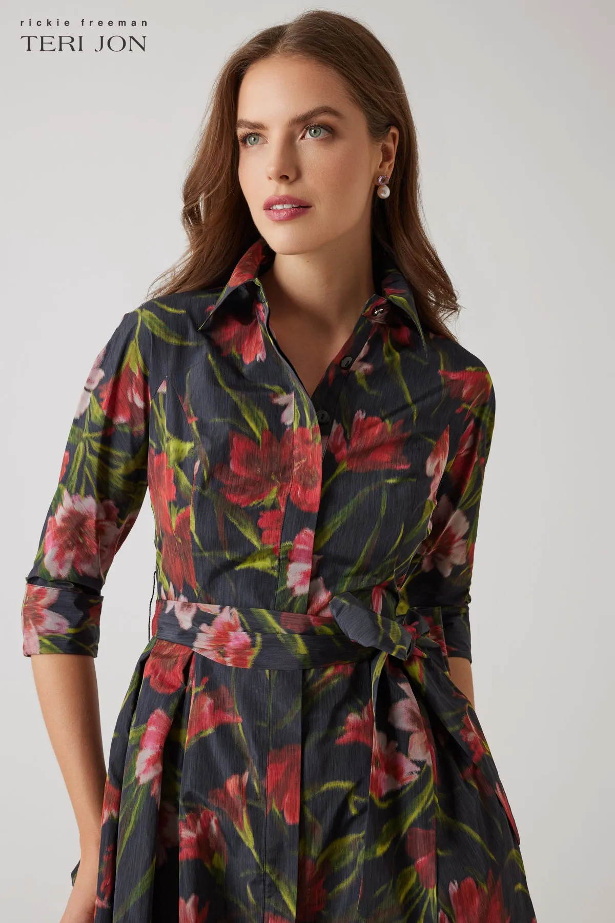 Taffeta Faille Hazy Floral Print Shirt Dress sold by Teri Jon product image thumbnail 2
