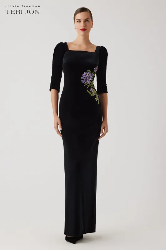 Velvet Elbow Sleeve Floral Applique Gown sold by Teri Jon