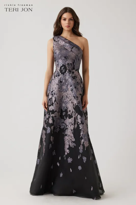 Floral Metallic Jacquard Pleated One Shoulder Gown sold by Teri Jon