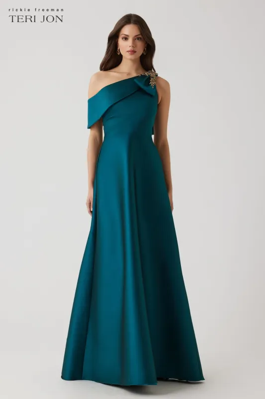Mikado Asymmetrical Jewel Bow Shoulder Gown sold by Teri Jon