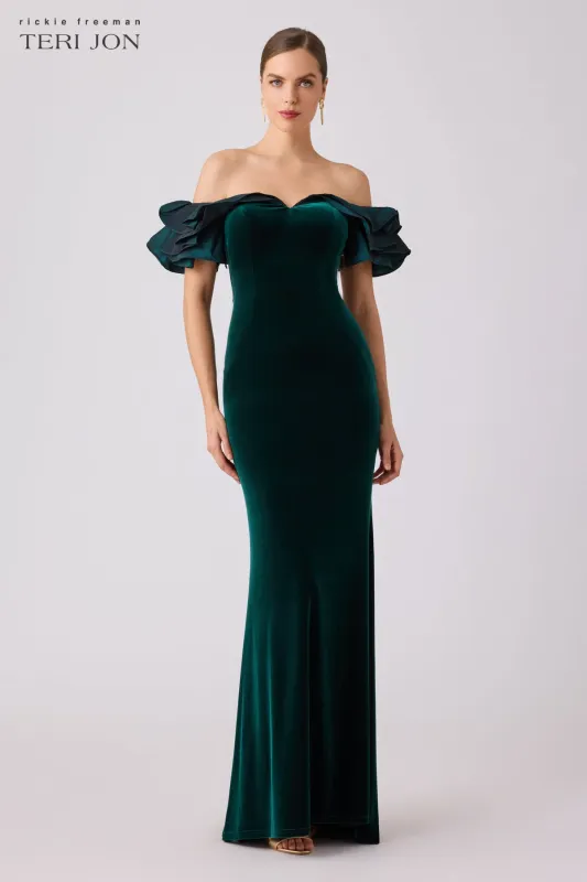 Stretch Velvet Taffeta Off The Shoulder Gown made by Teri Jon