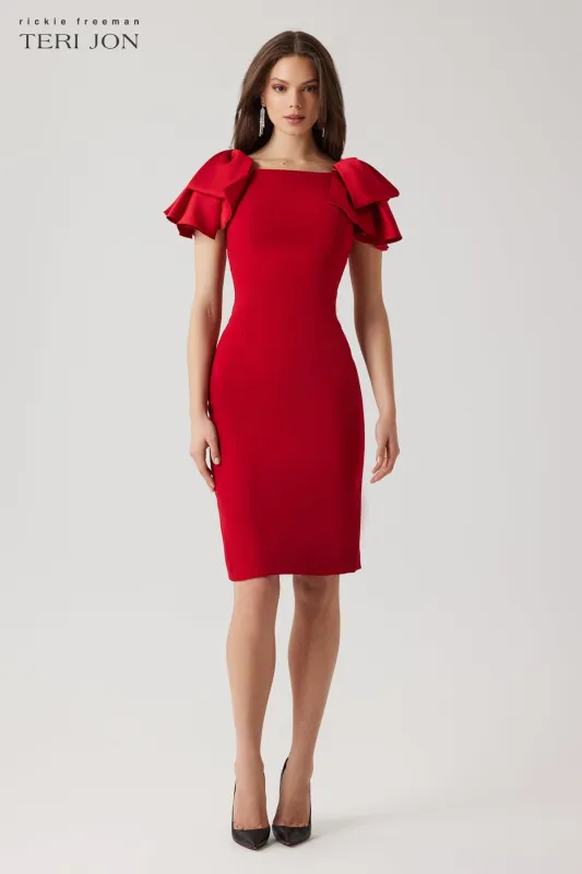 Crepe Boat Neck Satin Ruffle Shoulder Dress sold by Teri Jon