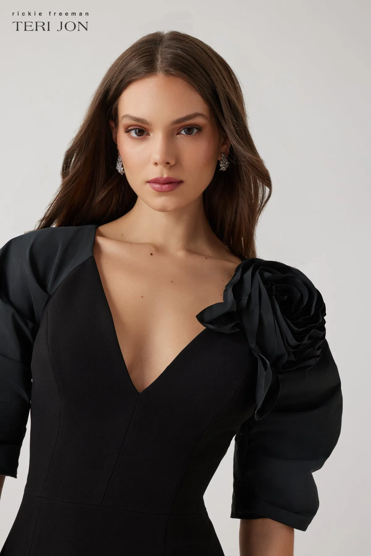 Crepe Flower And Puff Sleeve Dress sold by Teri Jon product image thumbnail 3