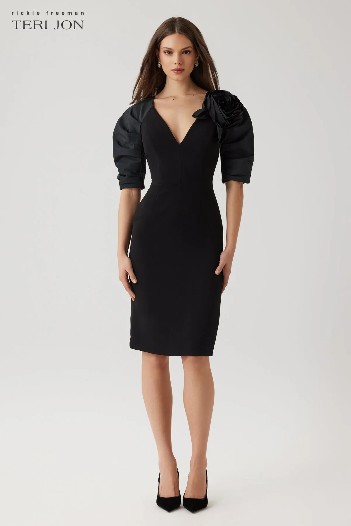 Crepe Flower And Puff Sleeve Dress sold by Teri Jon