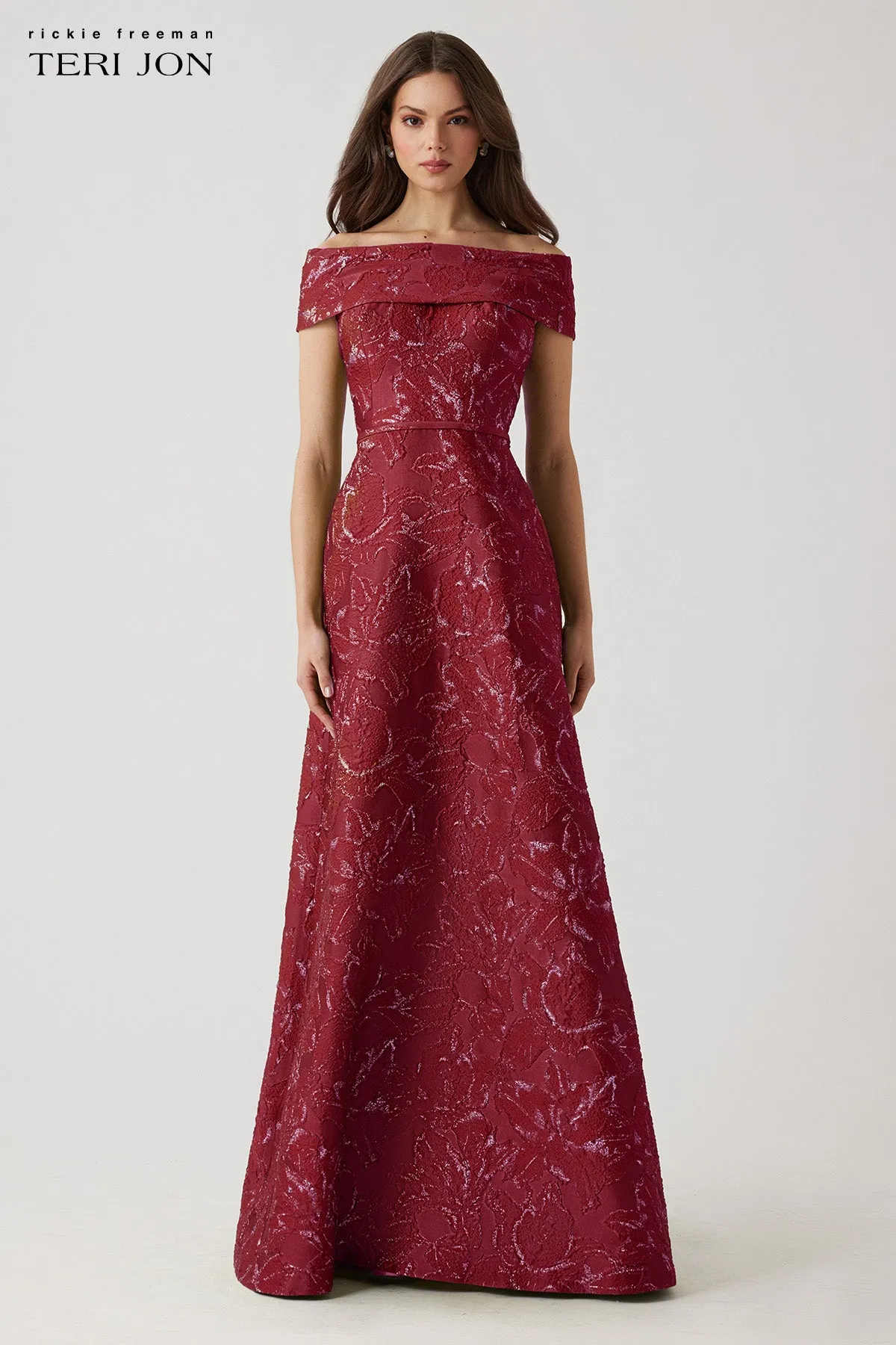Metallic Jacquard Floral Off The Shoulder Gown sold by Teri Jon