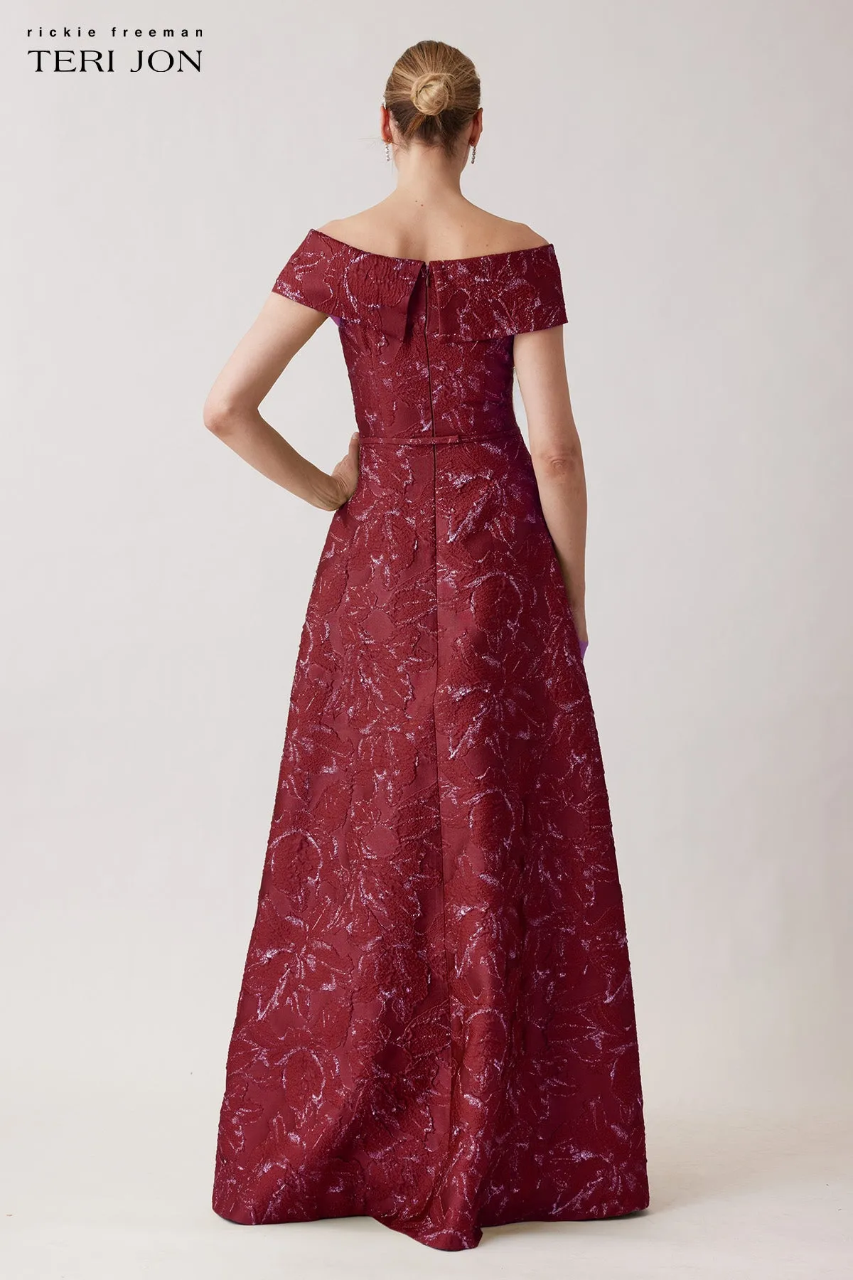 Metallic Jacquard Floral Off The Shoulder Gown sold by Teri Jon product image thumbnail 2