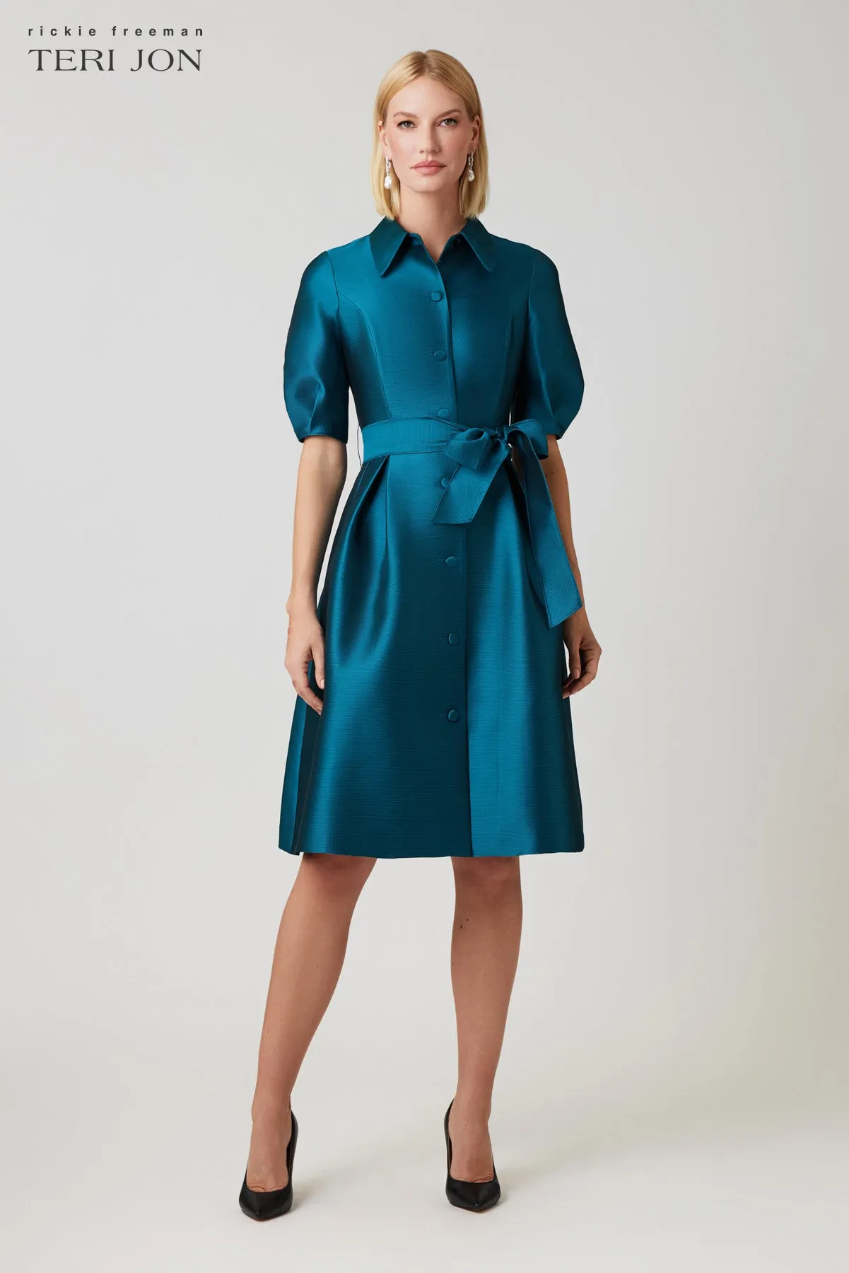 Pique Faille Puff Sleeve Shirt Dress sold by Teri Jon