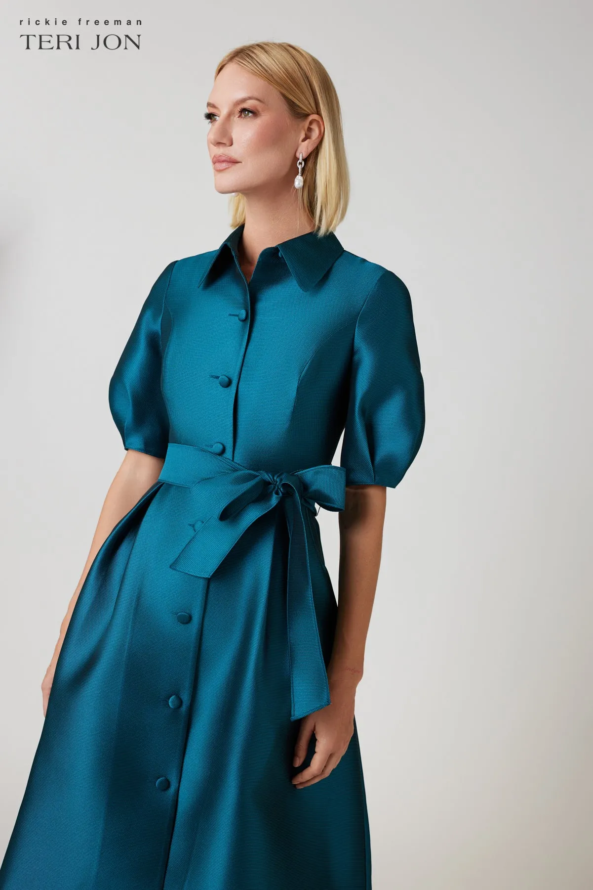 Pique Faille Puff Sleeve Shirt Dress sold by Teri Jon product image thumbnail 2