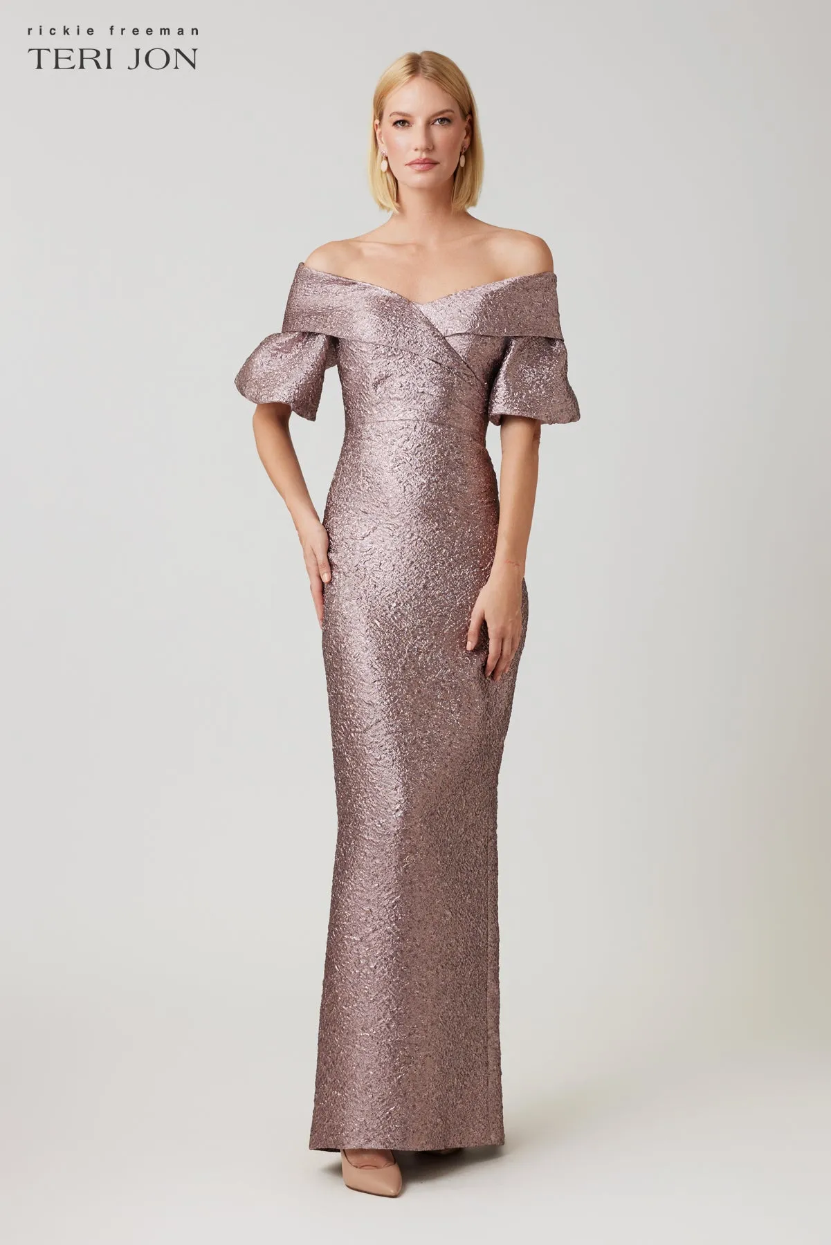 Metallic Jacquard Off Shoulder Puff Sleeve Gown sold by Teri Jon product image thumbnail 4