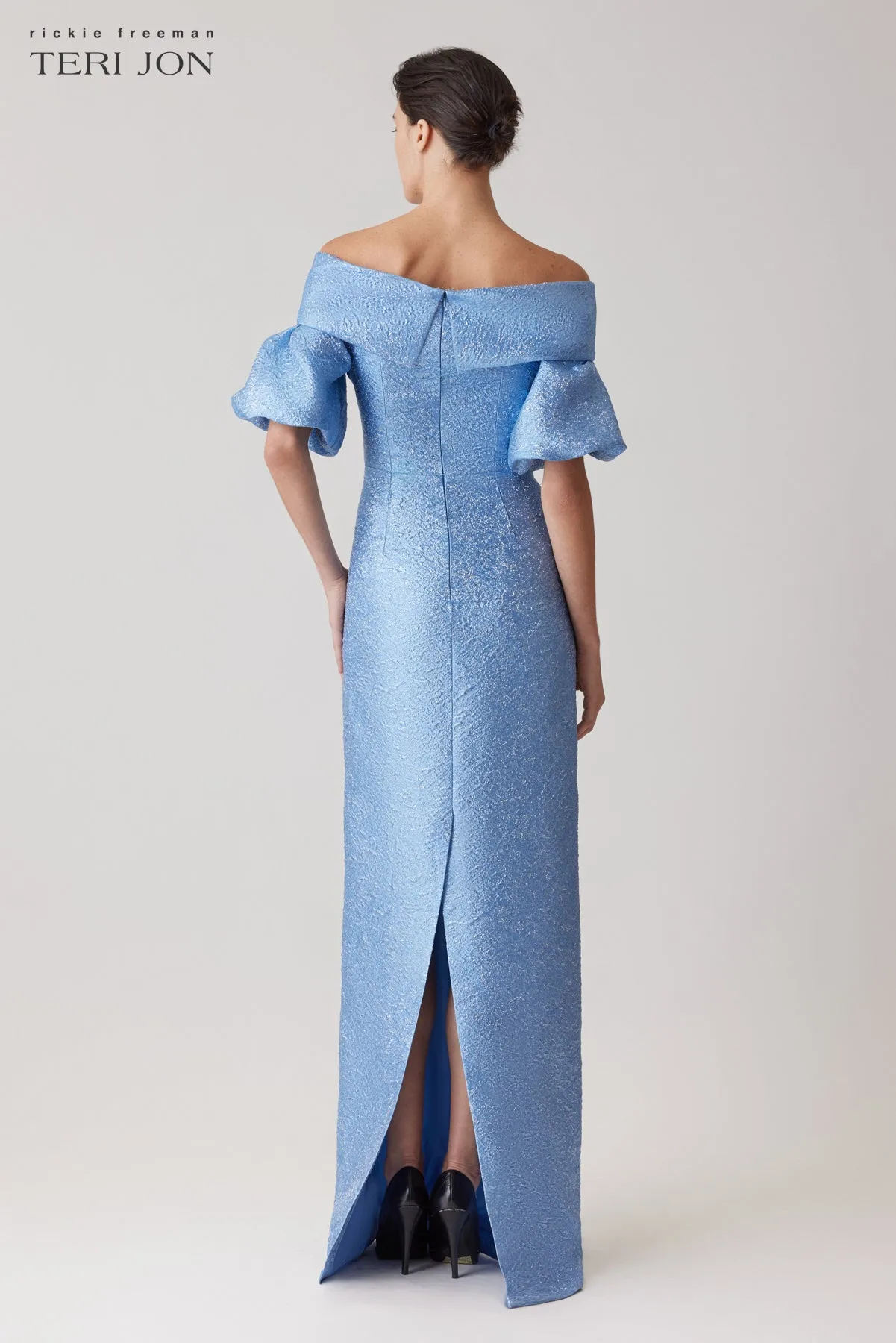 Metallic Jacquard Off Shoulder Puff Sleeve Gown sold by Teri Jon product image thumbnail 3