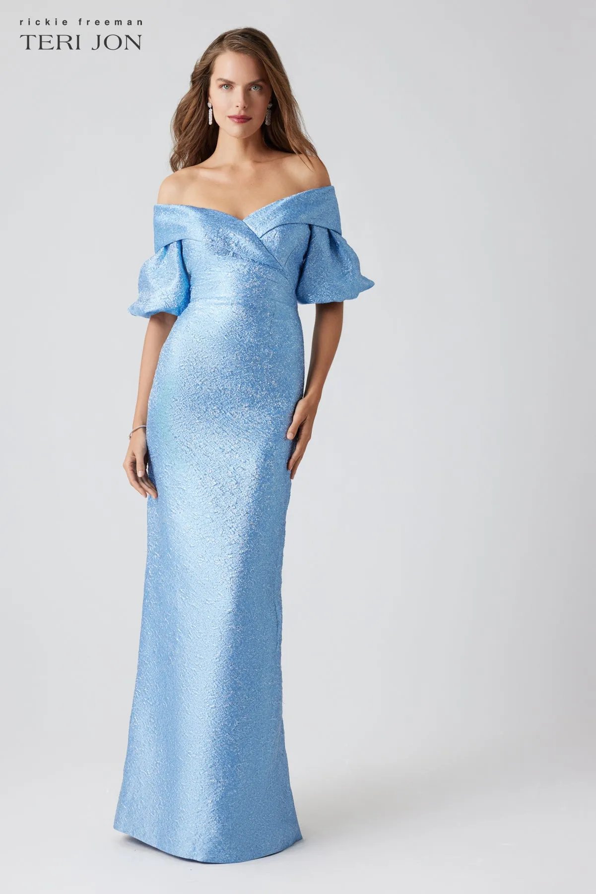 Metallic Jacquard Off Shoulder Puff Sleeve Gown sold by Teri Jon product image thumbnail 2