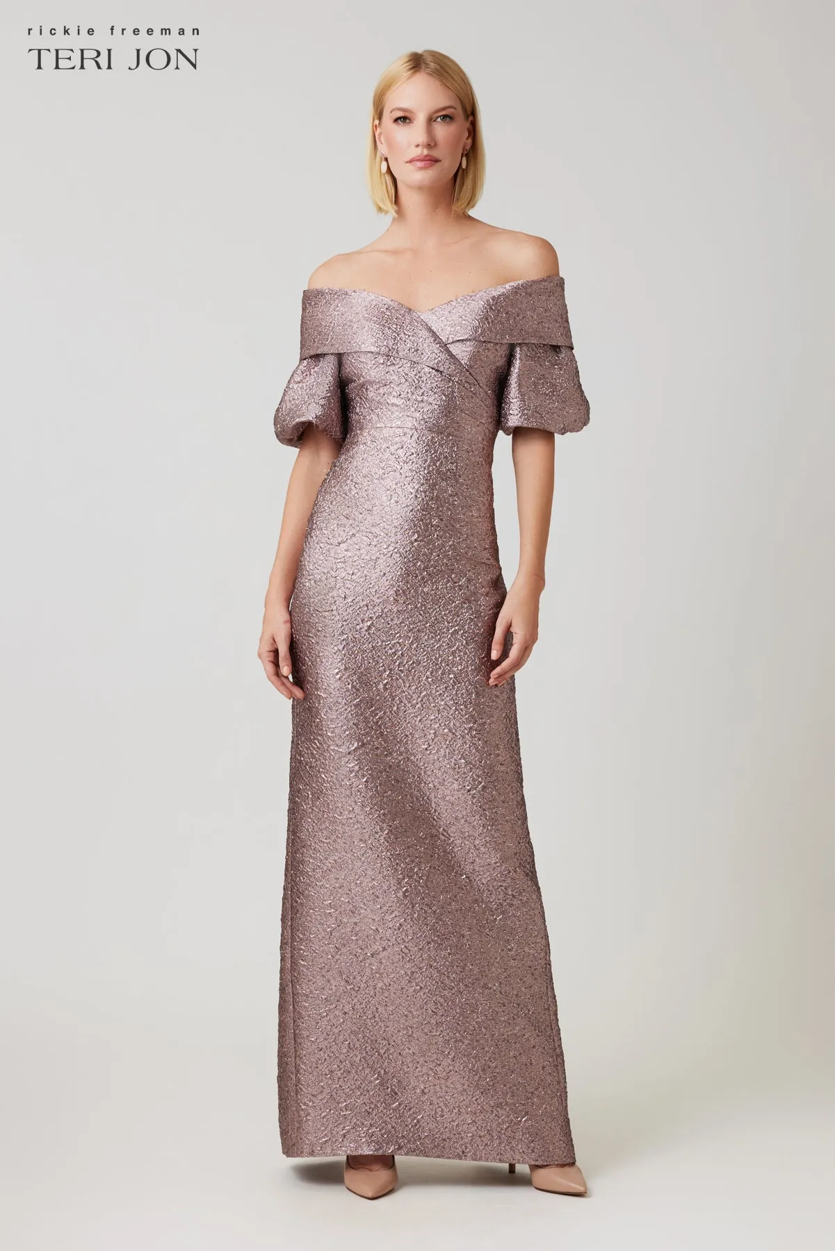 Metallic Jacquard Off Shoulder Puff Sleeve Gown sold by Teri Jon product image thumbnail 5