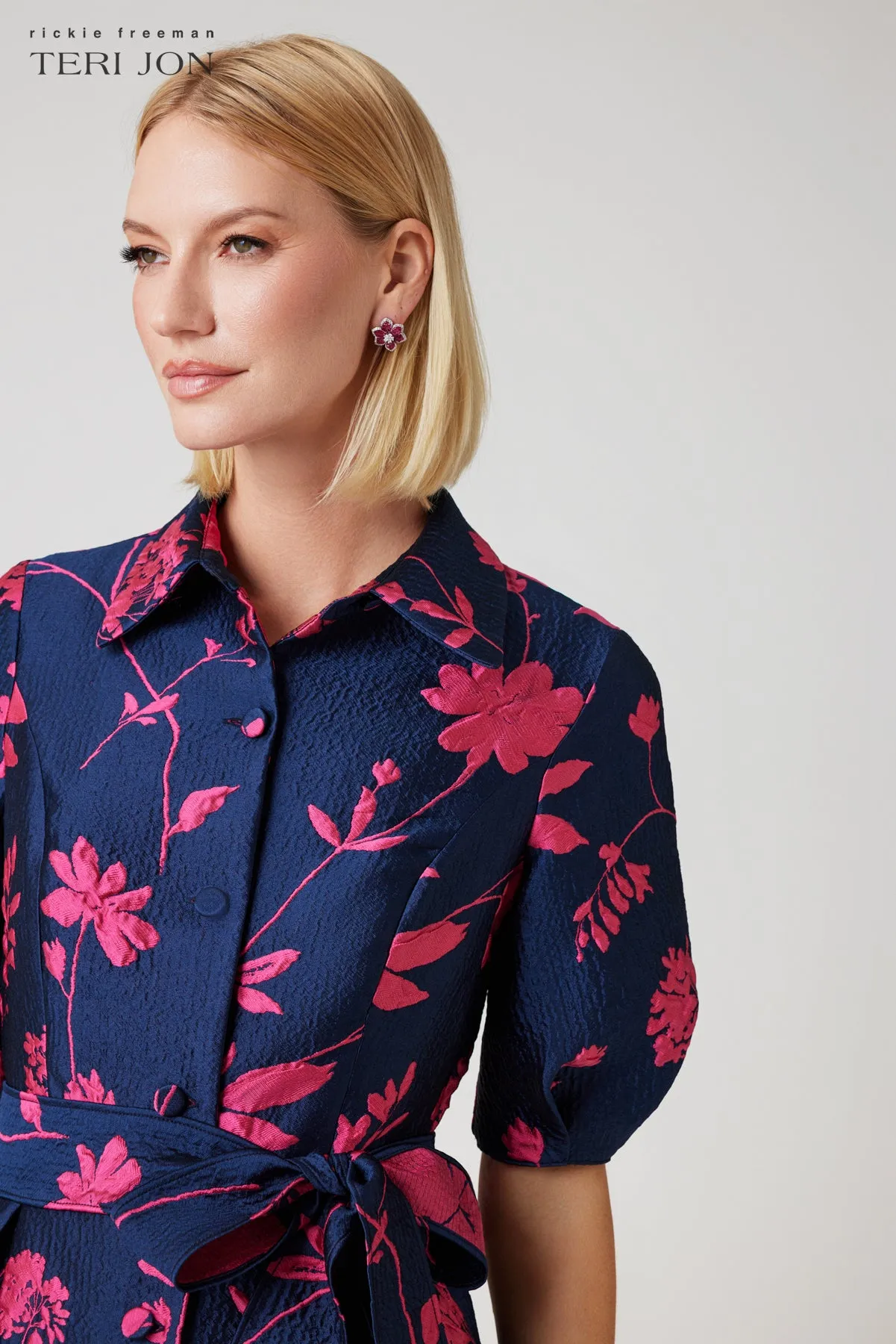 Jacquard Puff Sleeve Floral Shirt Dress sold by Teri Jon product image thumbnail 3