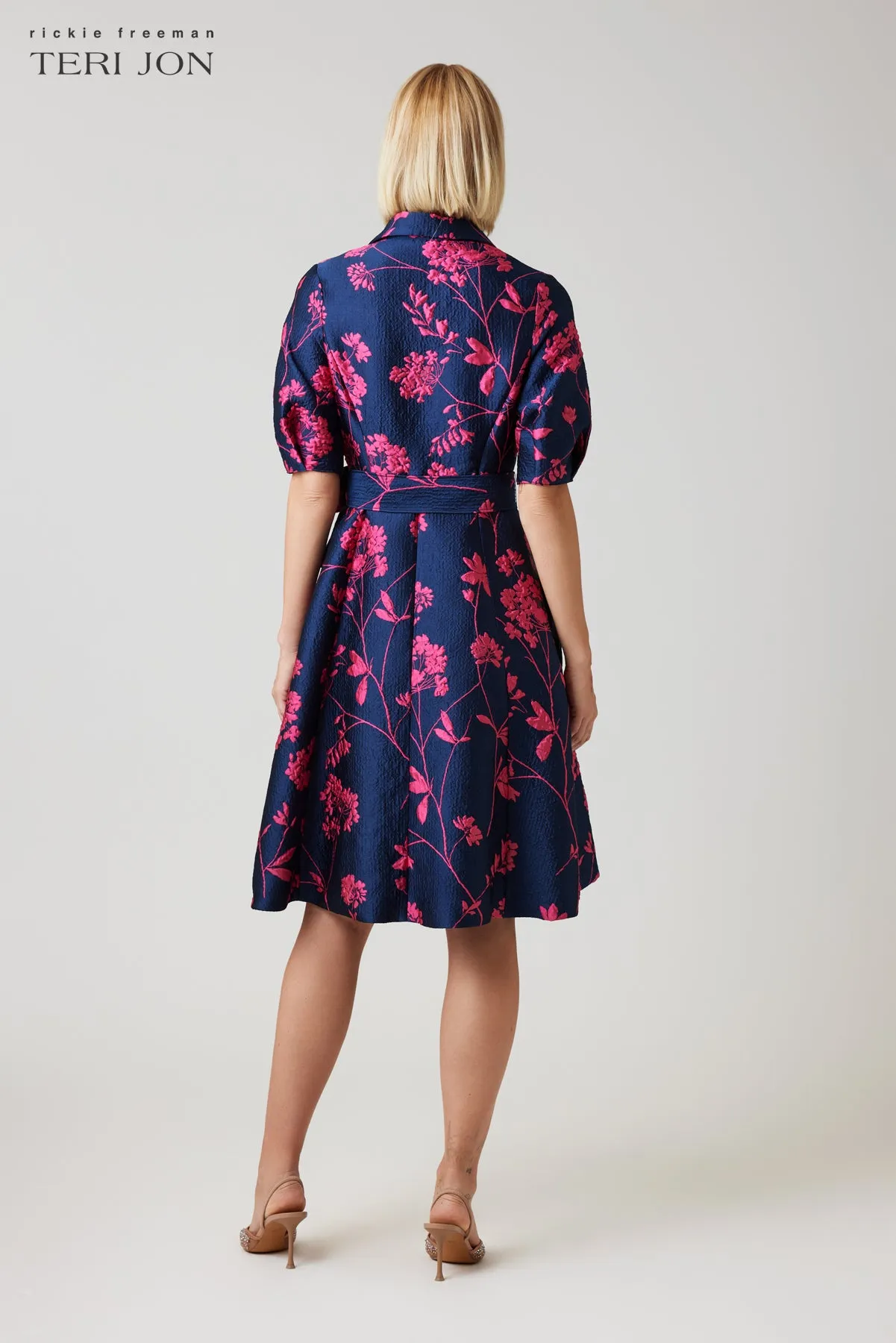 Jacquard Puff Sleeve Floral Shirt Dress sold by Teri Jon product image thumbnail 5