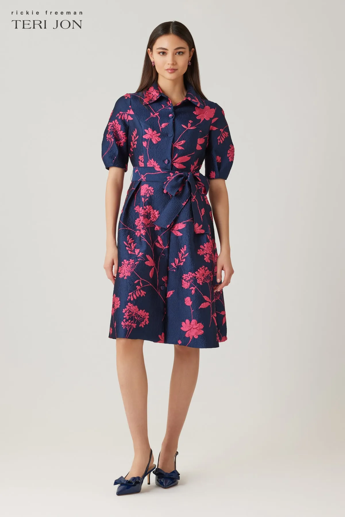 Jacquard Puff Sleeve Floral Shirt Dress sold by Teri Jon