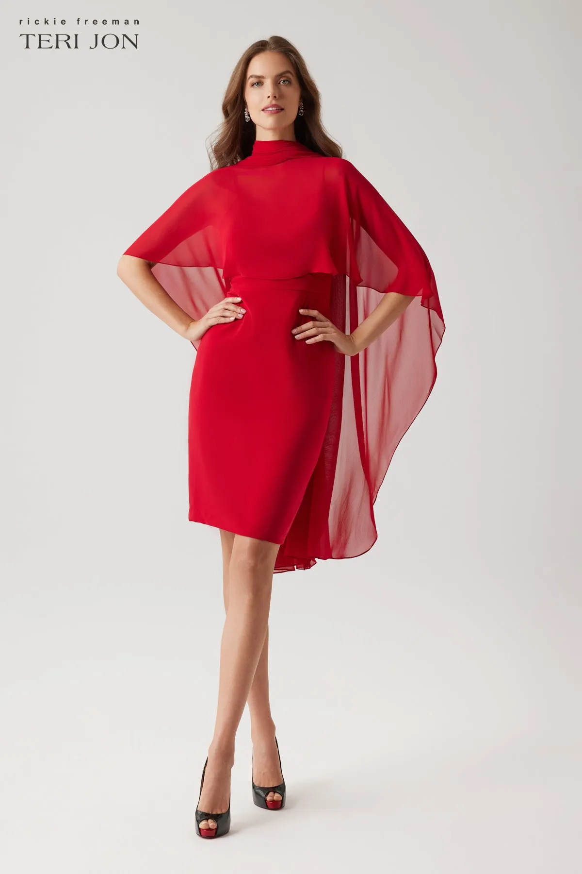 Crepe Slip Dress Chiffon Tie Neck Cape sold by Teri Jon