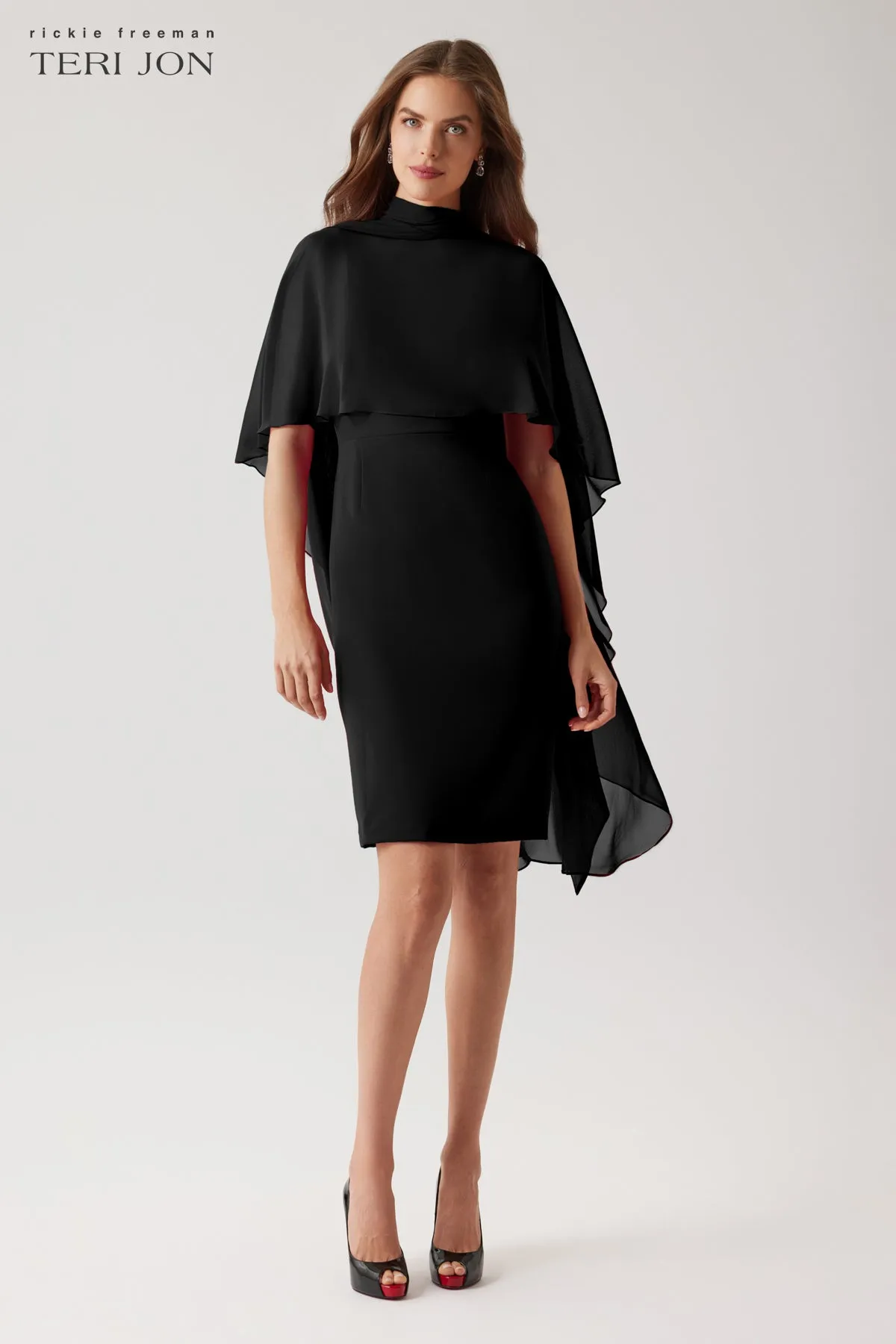 Crepe Slip Dress Chiffon Tie Neck Cape sold by Teri Jon product image thumbnail 5