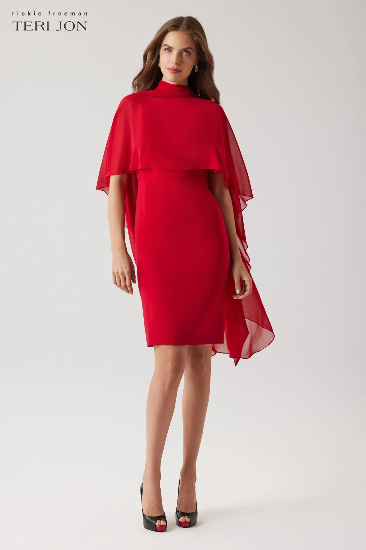 Crepe Slip Dress Chiffon Tie Neck Cape sold by Teri Jon product image thumbnail 2