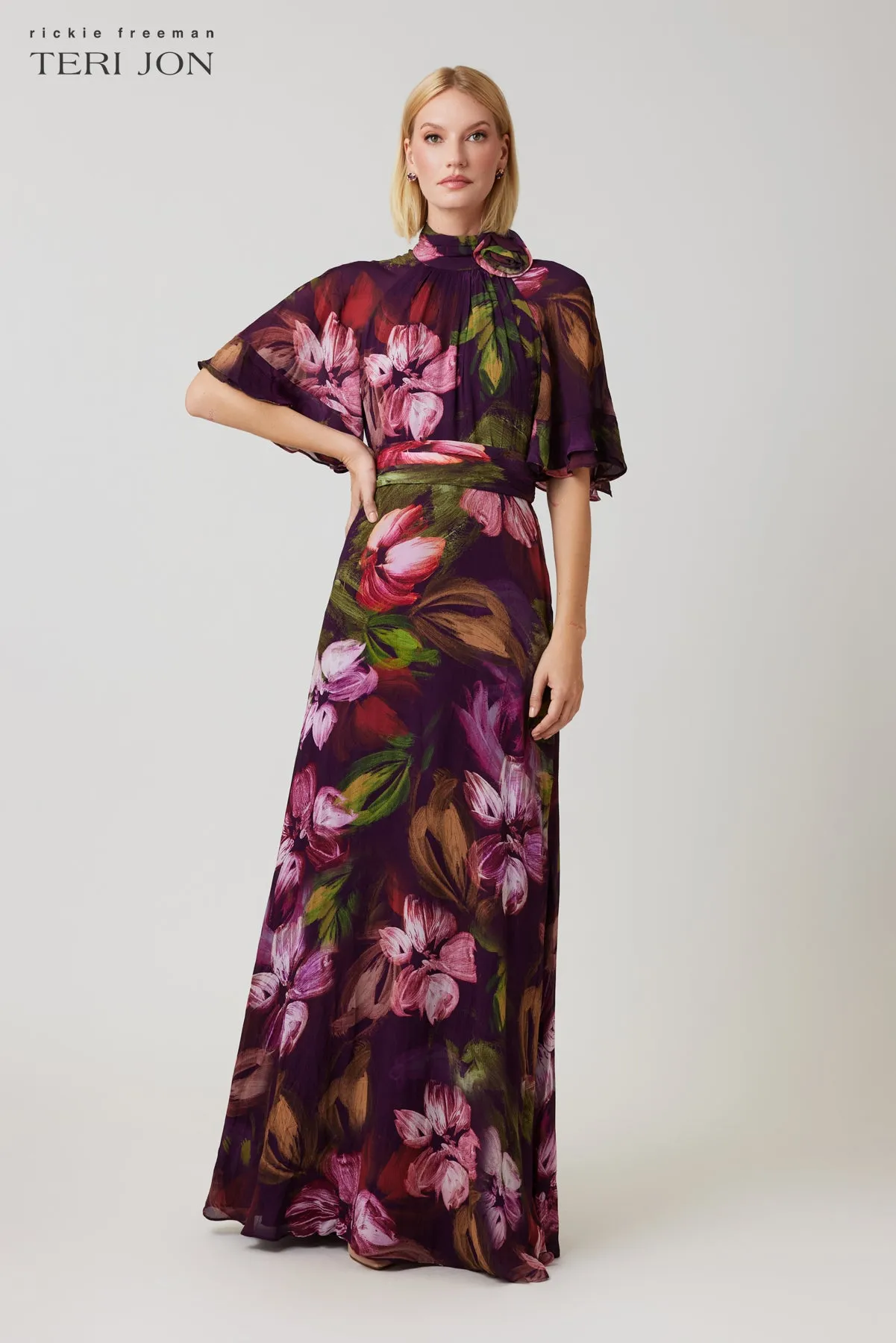 Chiffon Floral Flutter Sleeve Maxi Gown sold by Teri Jon product image thumbnail 2