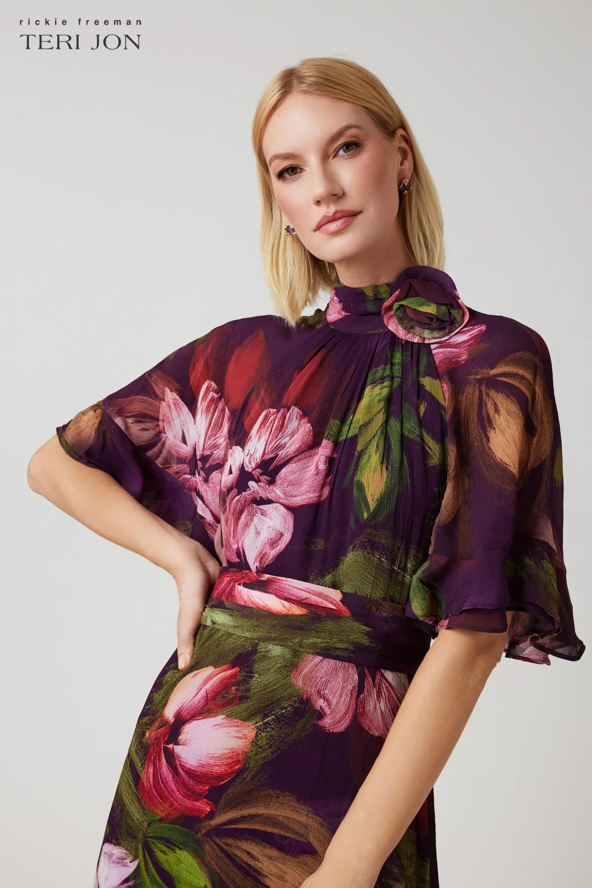 Chiffon Floral Flutter Sleeve Maxi Gown sold by Teri Jon product image thumbnail 3