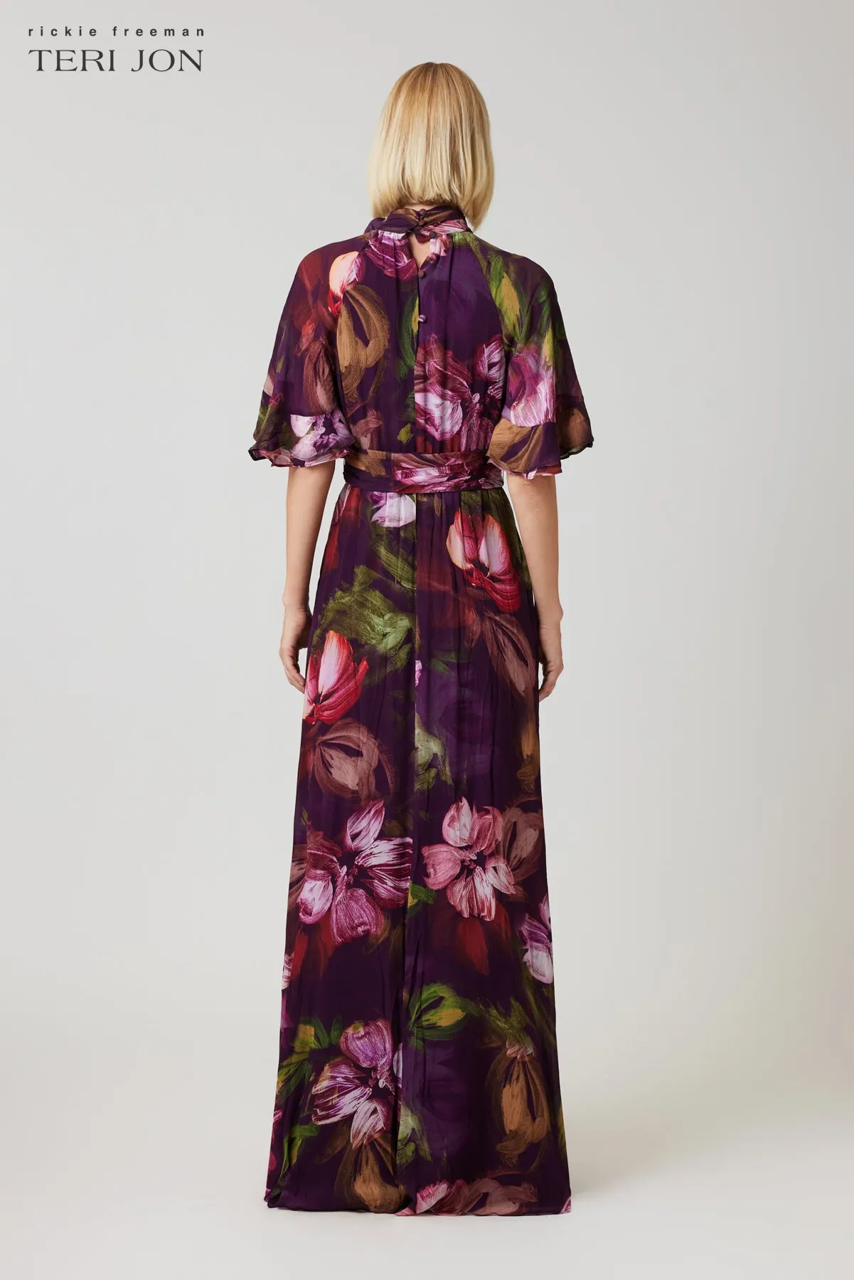 Chiffon Floral Flutter Sleeve Maxi Gown sold by Teri Jon product image thumbnail 4
