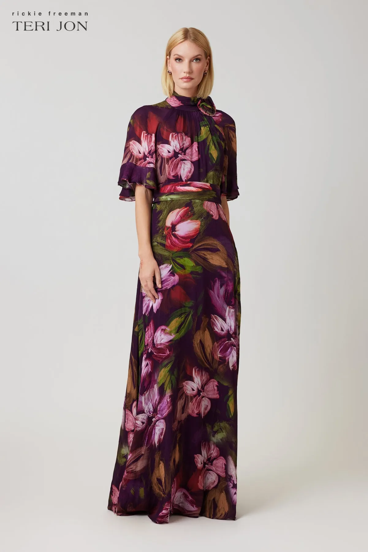 Chiffon Floral Flutter Sleeve Maxi Gown sold by Teri Jon