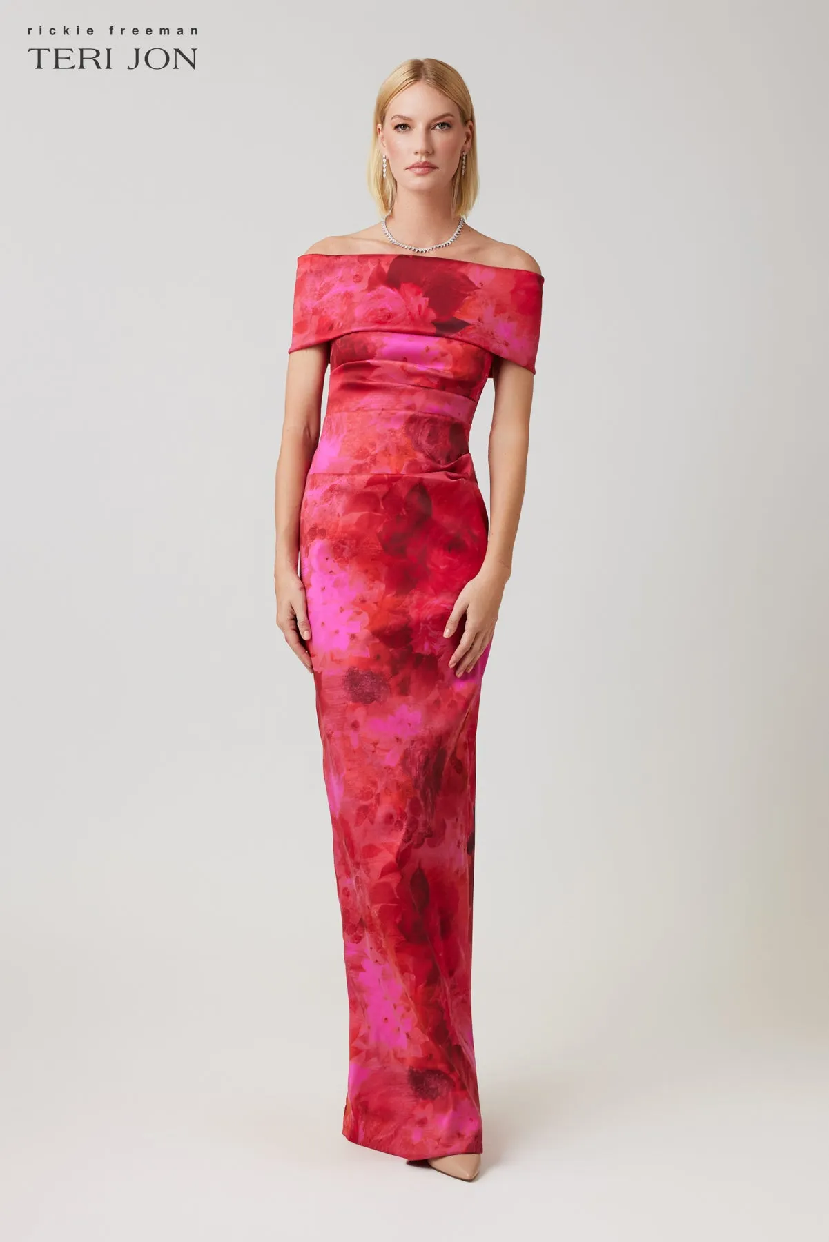 Floral Stretch Mikado Ruched Off The Shoulder Gown sold by Teri Jon product image thumbnail 2