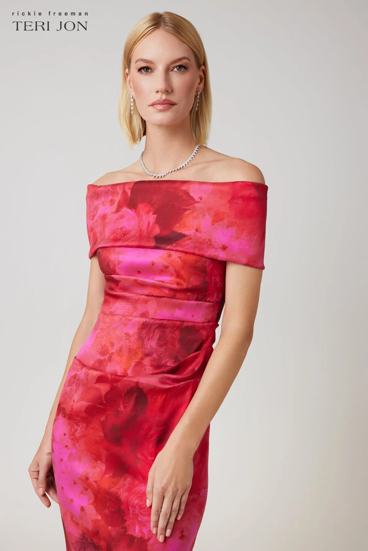 Floral Stretch Mikado Ruched Off The Shoulder Gown sold by Teri Jon product image thumbnail 3