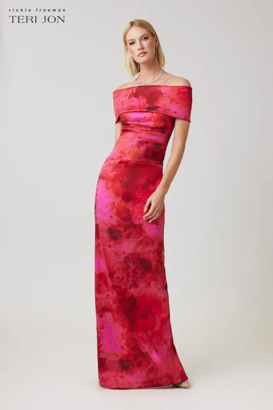 Floral Stretch Mikado Ruched Off The Shoulder Gown sold by Teri Jon