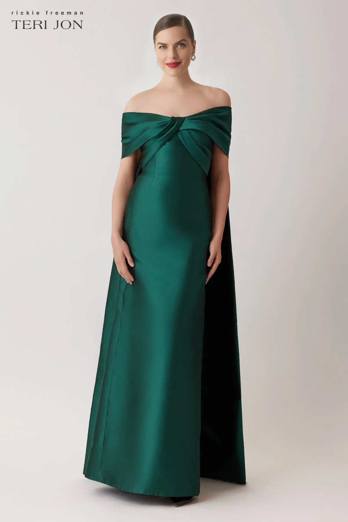 Taffeta Twist Bodice Column Cape Gown sold by Teri Jon