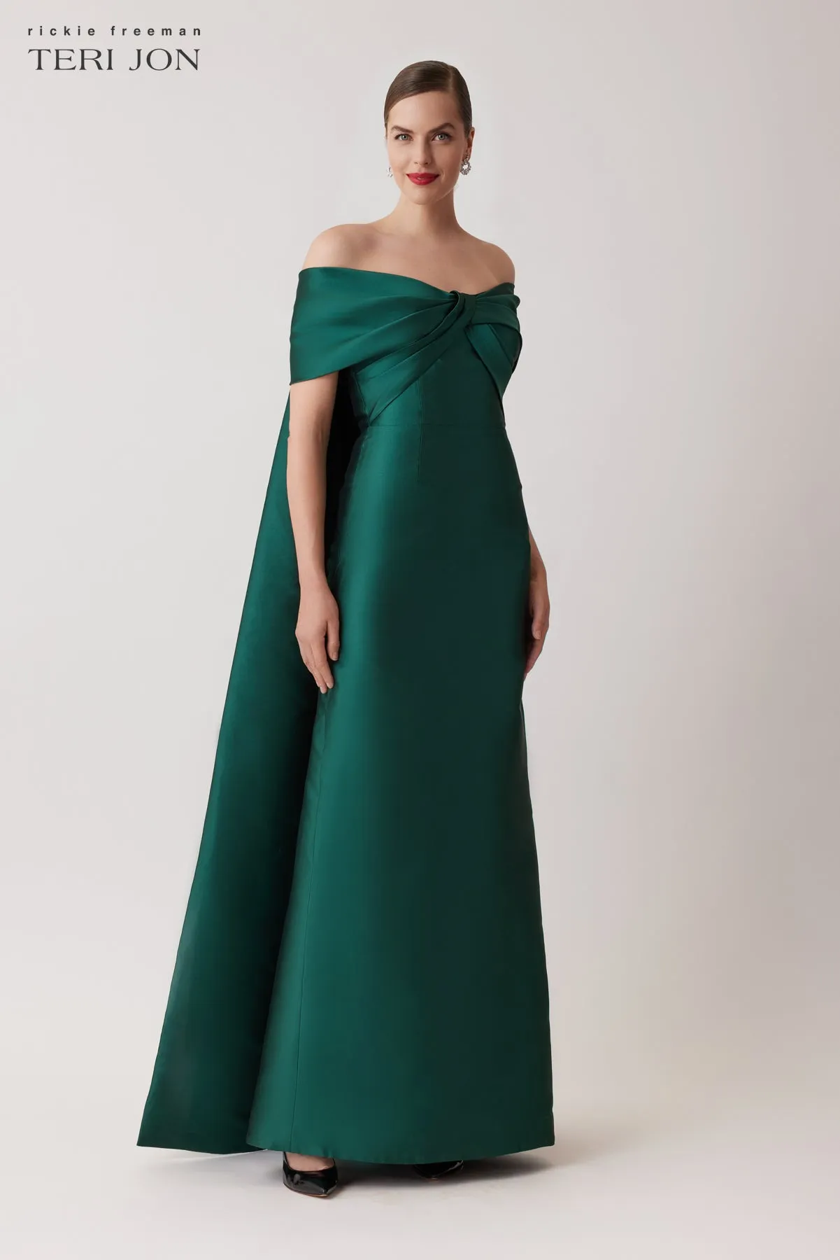 Taffeta Twist Bodice Column Cape Gown sold by Teri Jon product image thumbnail 2