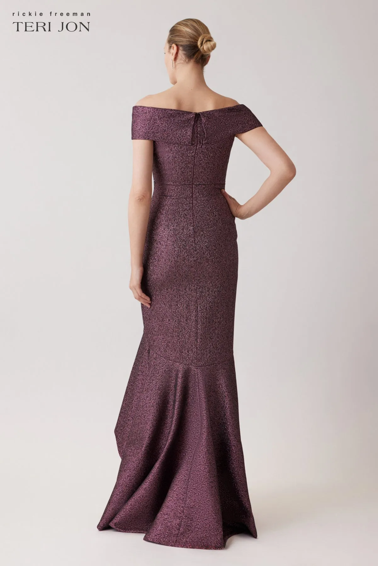 Metallic Jacquard Ruffle High Low Off The Shoulder Gown sold by Teri Jon product image thumbnail 3