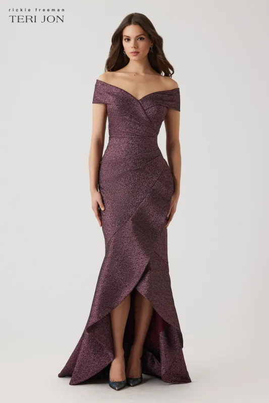 Metallic Jacquard Ruffle High Low Off The Shoulder Gown sold by Teri Jon