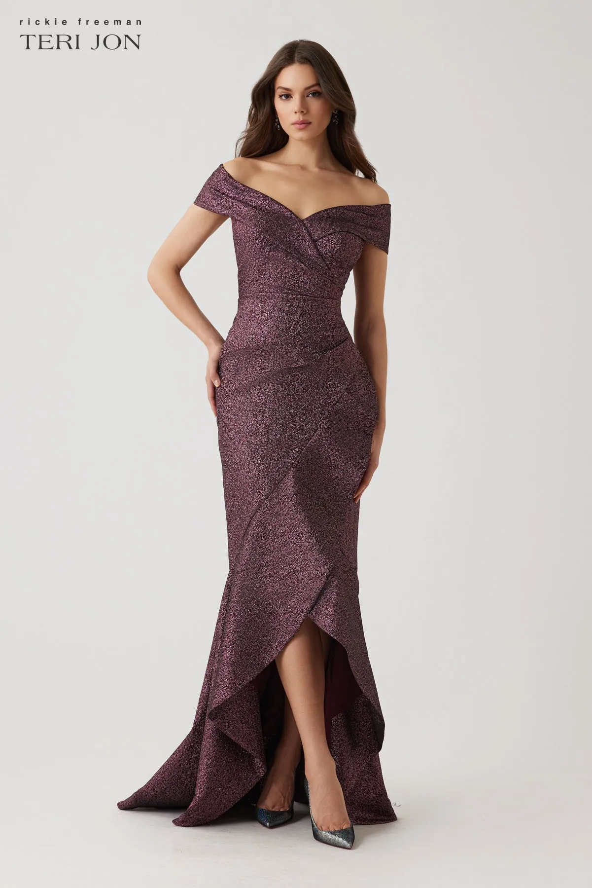 Metallic Jacquard Ruffle High Low Off The Shoulder Gown sold by Teri Jon product image thumbnail 2