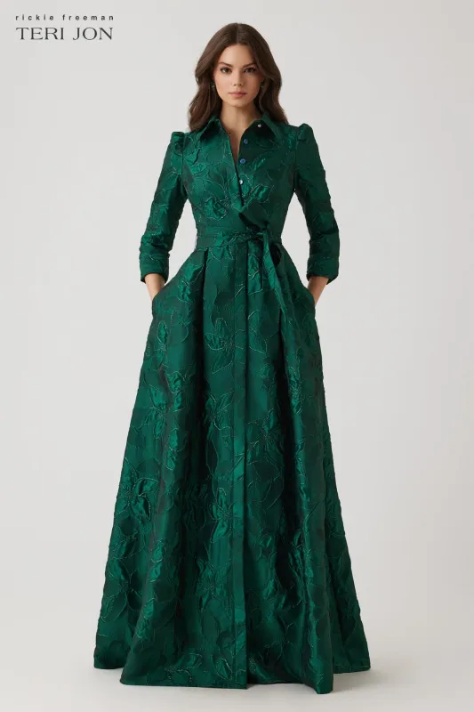Metallic Jacquard Floral Shirt Waist Gown sold by Teri Jon
