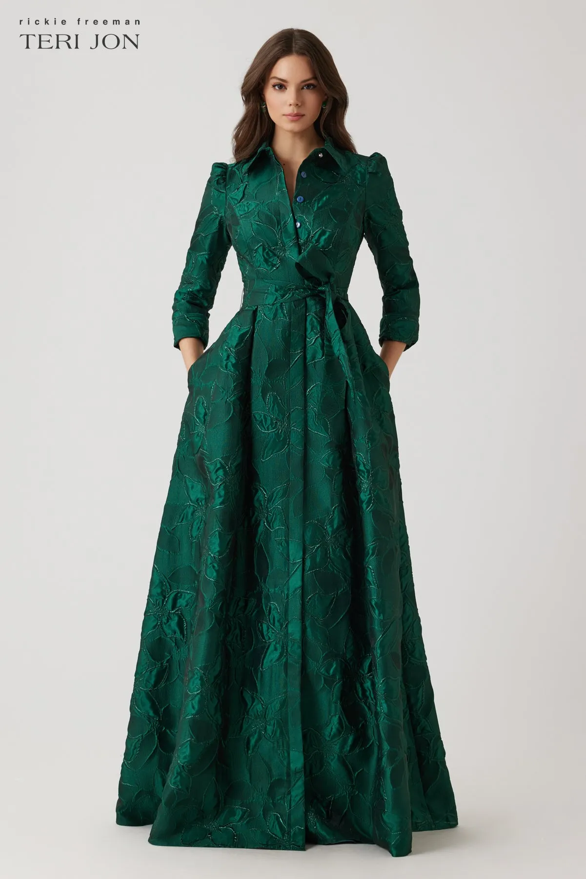 Metallic Jacquard Floral Shirt Waist Gown sold by Teri Jon
