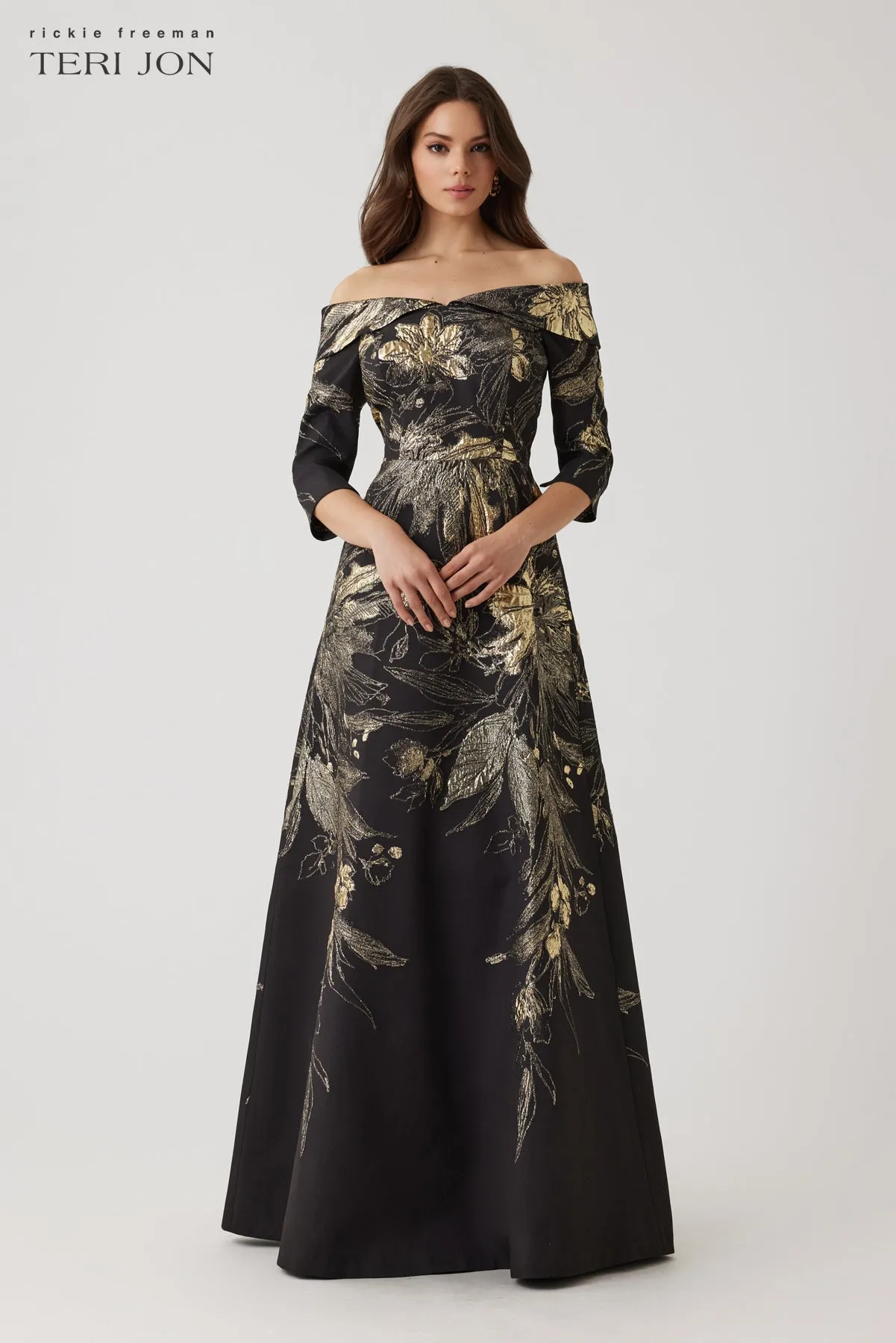 Metallic Jacquard Fold Off The Shoulder Gown sold by Teri Jon product image thumbnail 2