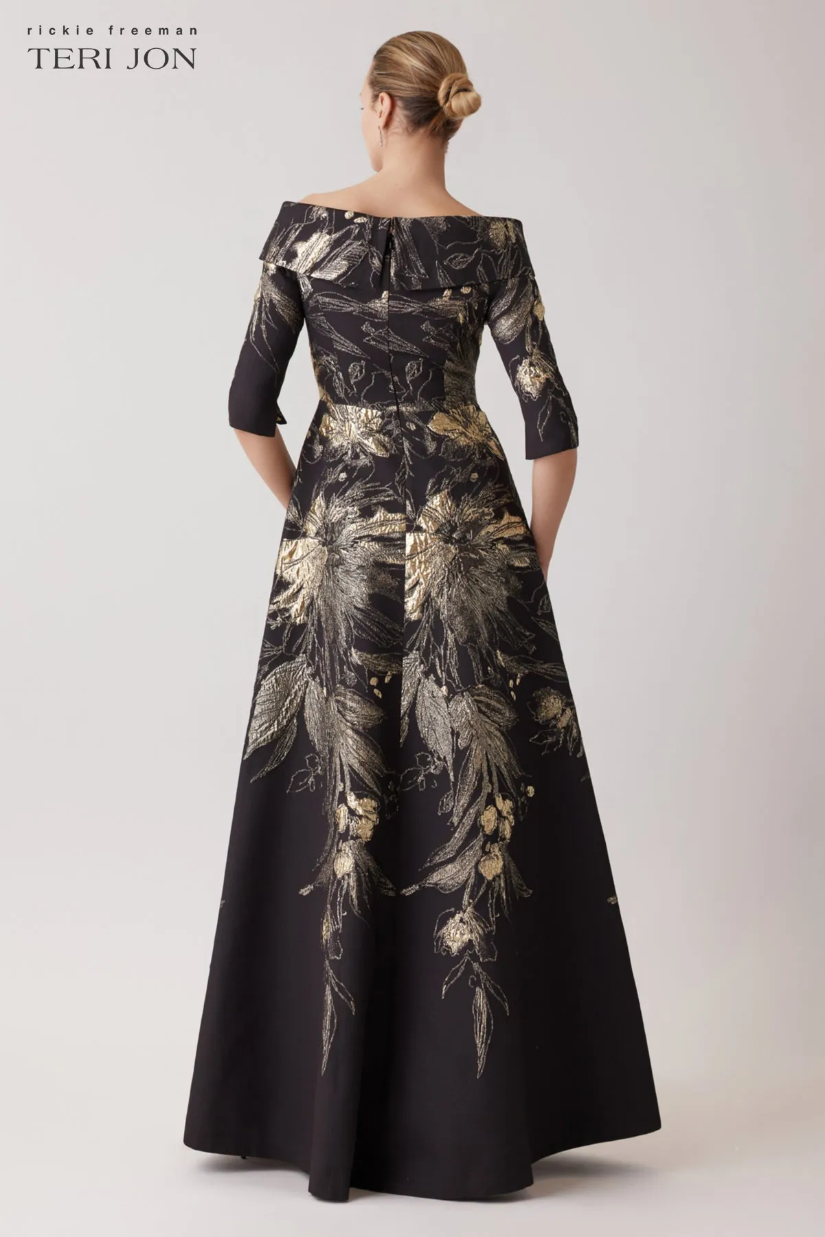 Metallic Jacquard Fold Off The Shoulder Gown sold by Teri Jon product image thumbnail 3