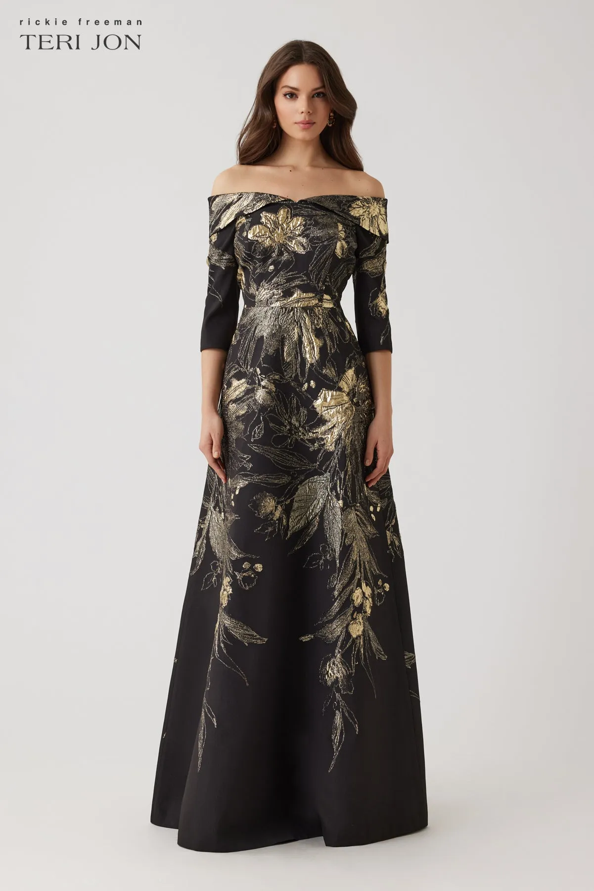 Metallic Jacquard Fold Off The Shoulder Gown sold by Teri Jon