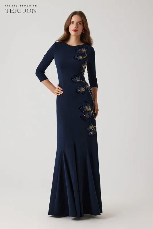Floral Beaded Crepe 3/4 Sleeve Pleated Gown sold by Teri Jon
