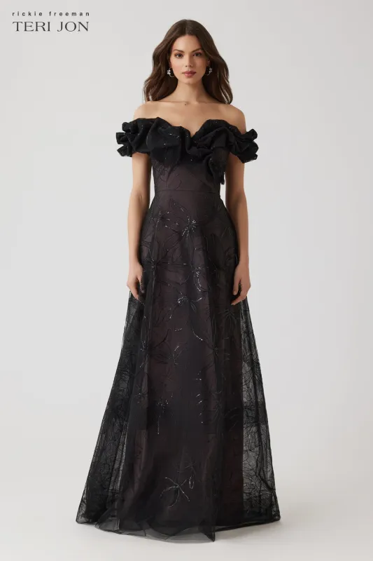 Tulle Overlay Scrunch Bodice Off The Shoulder Gown sold by Teri Jon