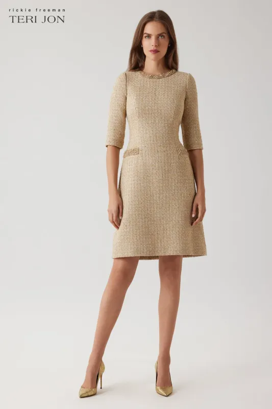 Metallic Boucle Elbow Sleeve Jewel Trim Dress sold by Teri Jon