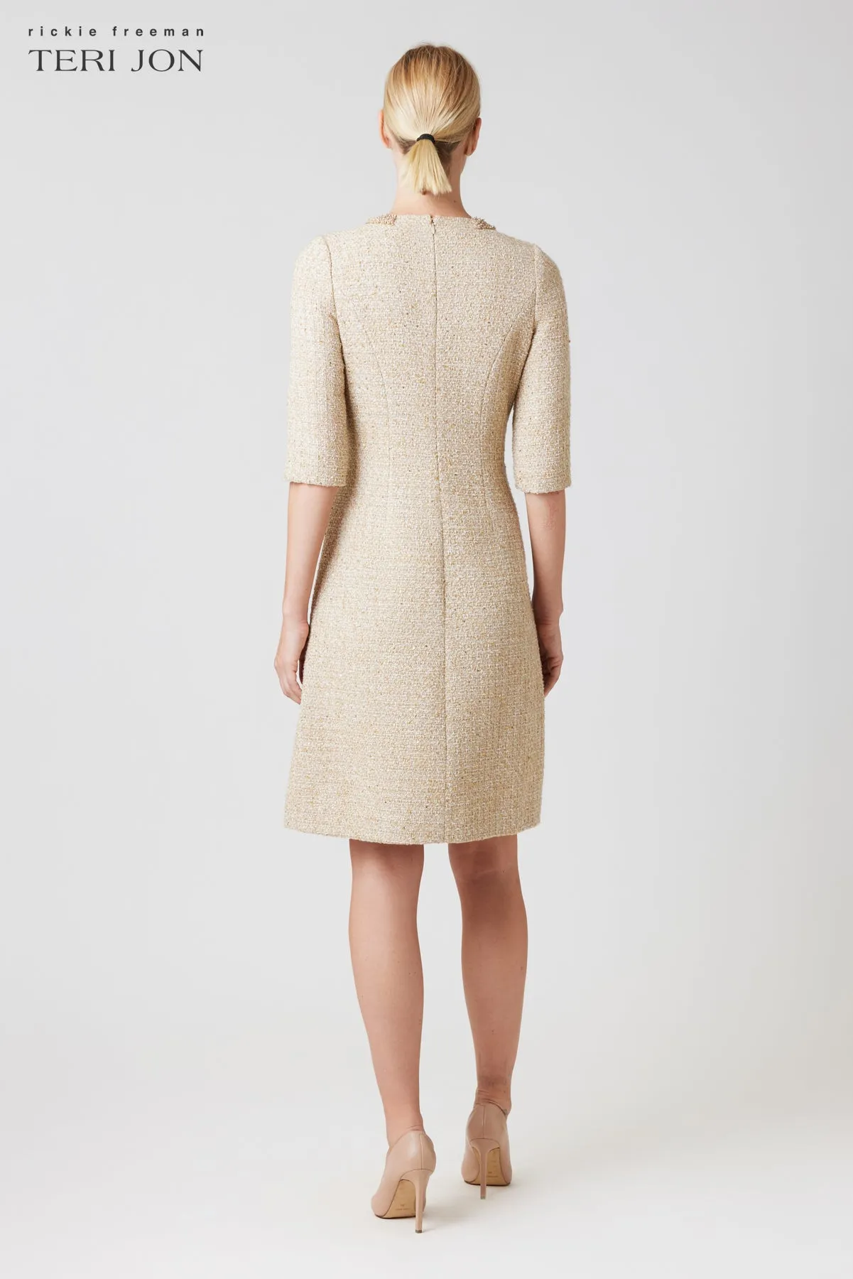 Metallic Boucle Elbow Sleeve Jewel Trim Dress sold by Teri Jon product image thumbnail 3